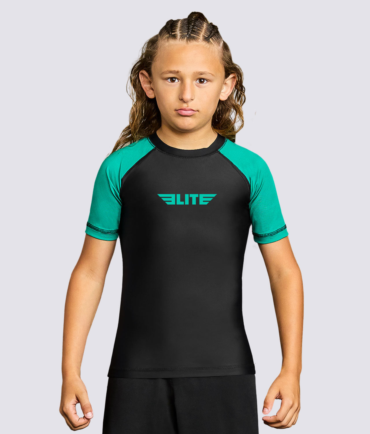 Kids' Standard Green Short Sleeve BJJ Rash Guard