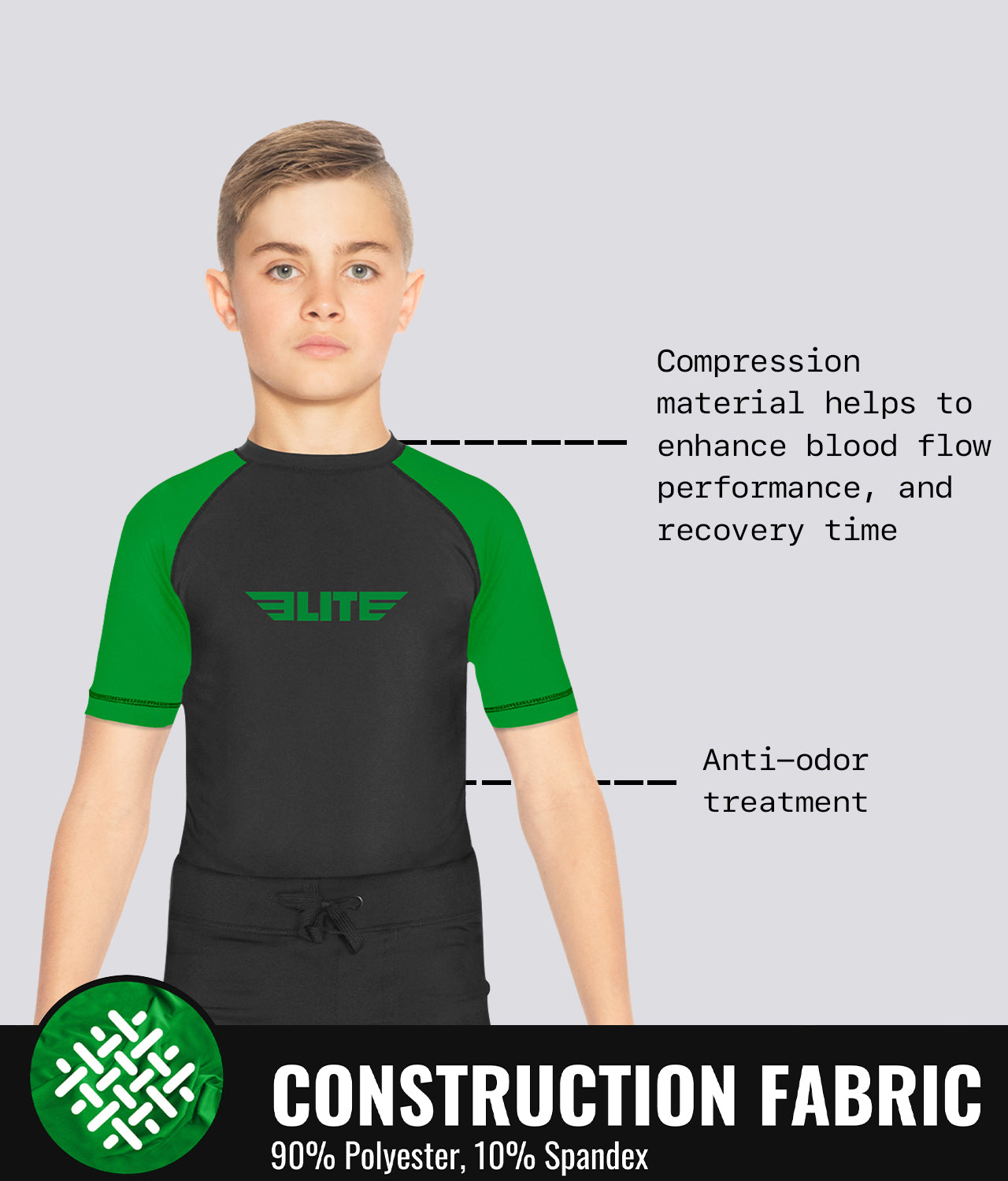 Elite Sports Kids' Standard Green Short Sleeve boxing Rash Guard Construction Fabric