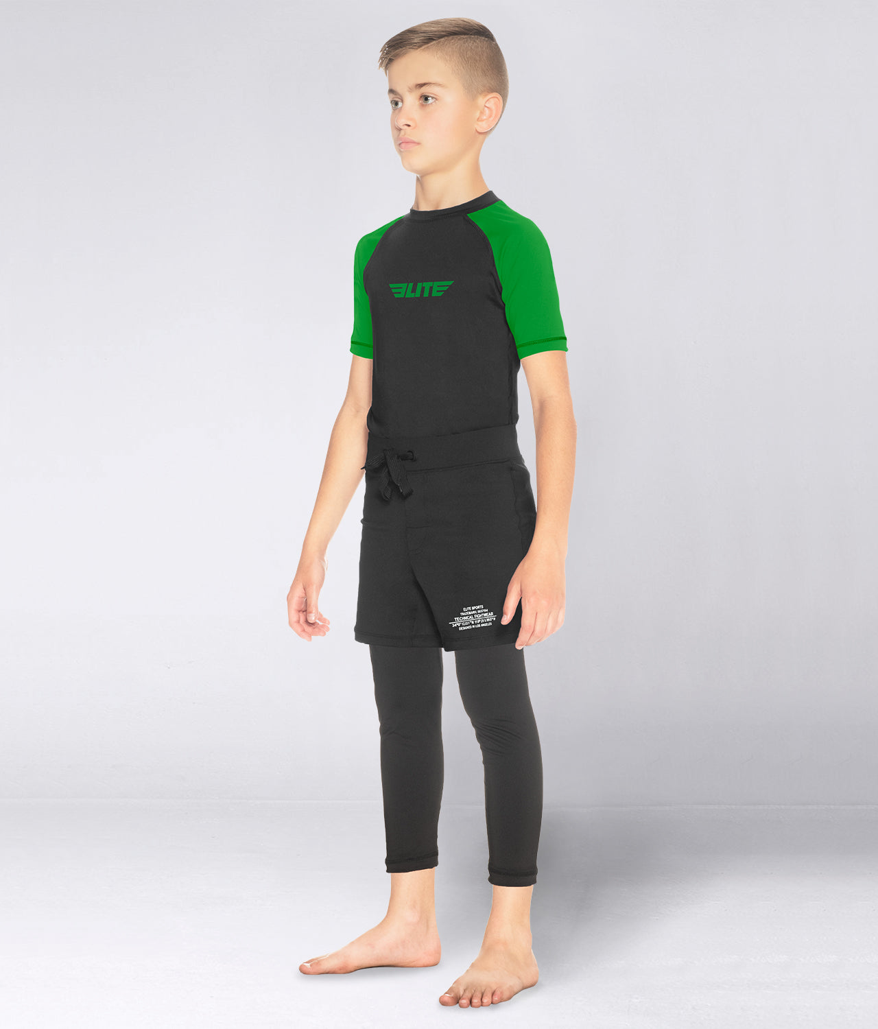 Elite Sports Kids' Standard Green Short Sleeve Muay Thai Rash Guard Side View