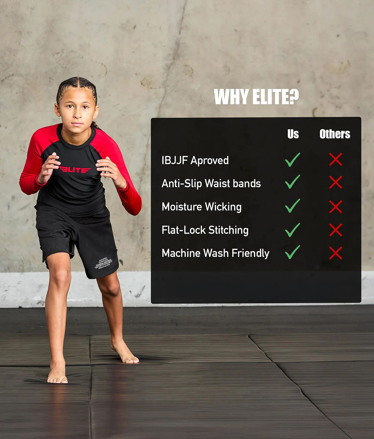 Kids' Standard Red Long Sleeve No-Gi BJJ Rash Guard