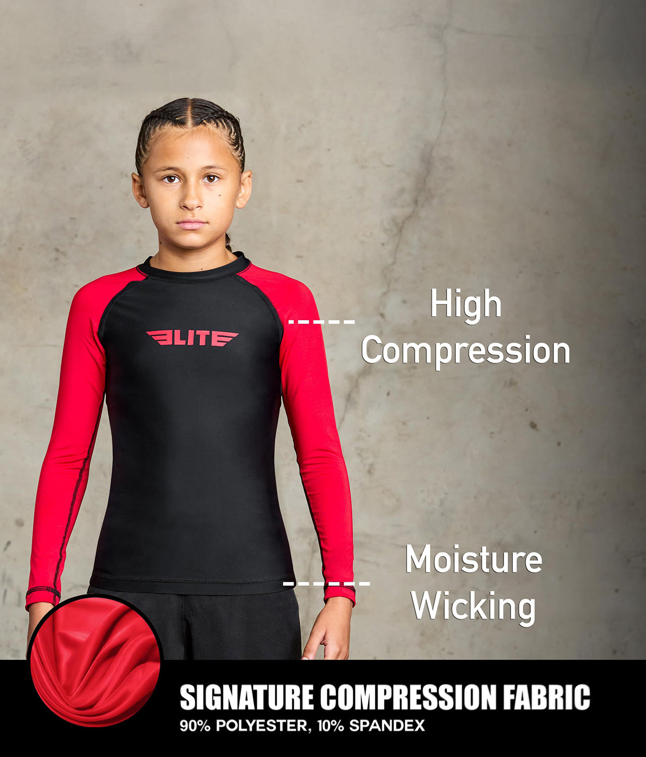 standard red long sleeve youth jiu jitsu rashguard compression fabric