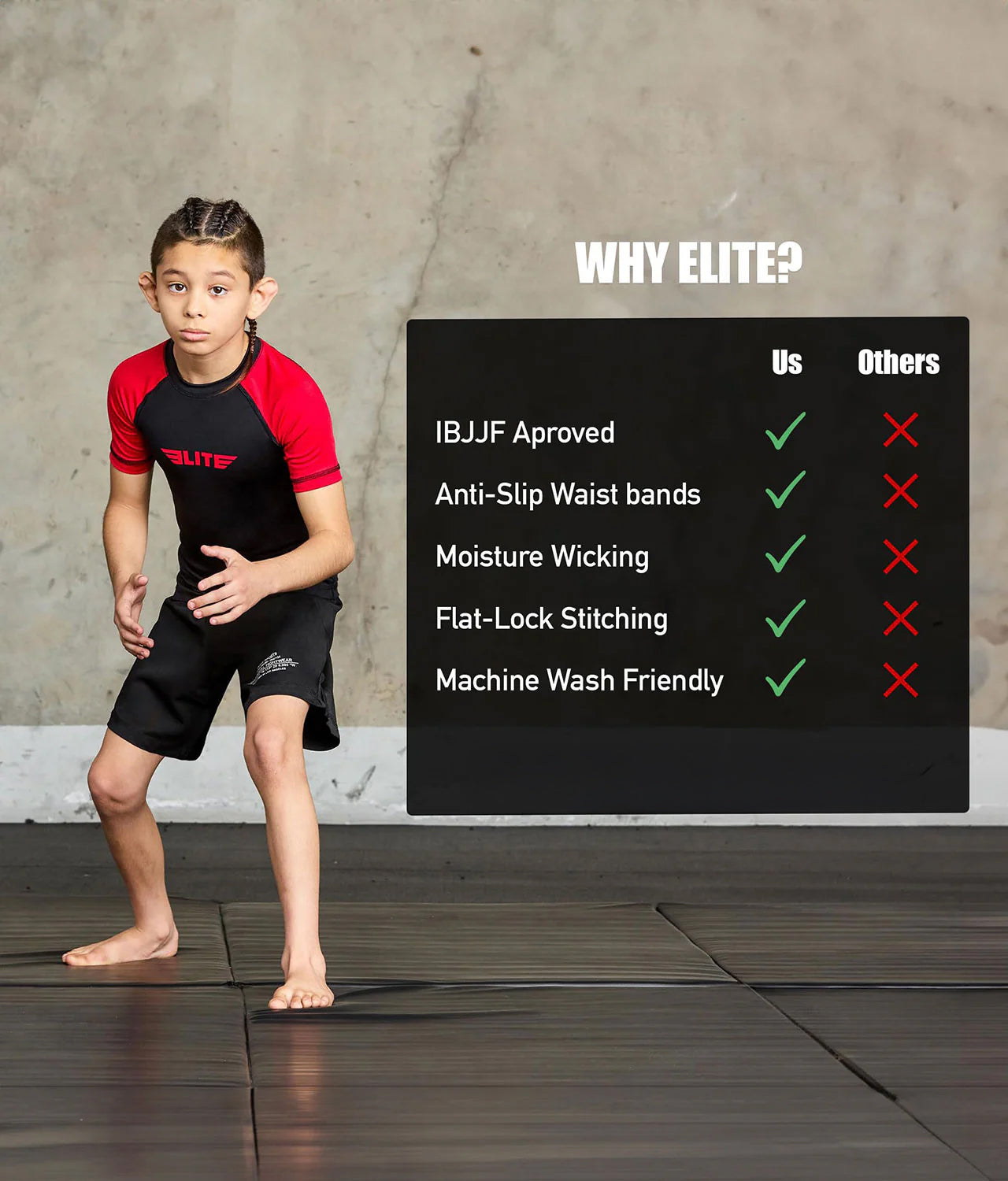 Kids' Standard Red Short Sleeve No-Gi BJJ Rash Guard