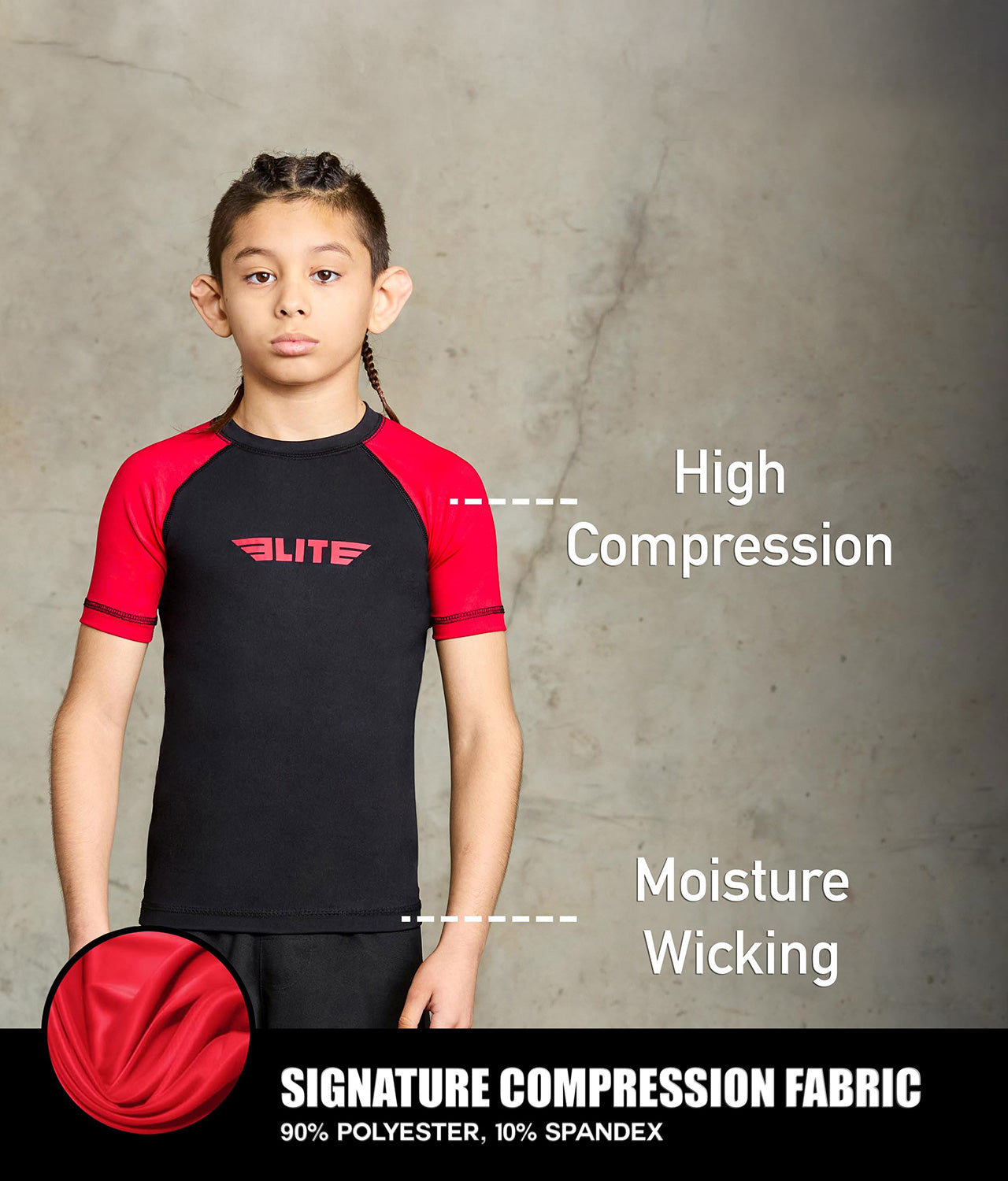 standard red short sleeve youth bjj rash guard compression fabric