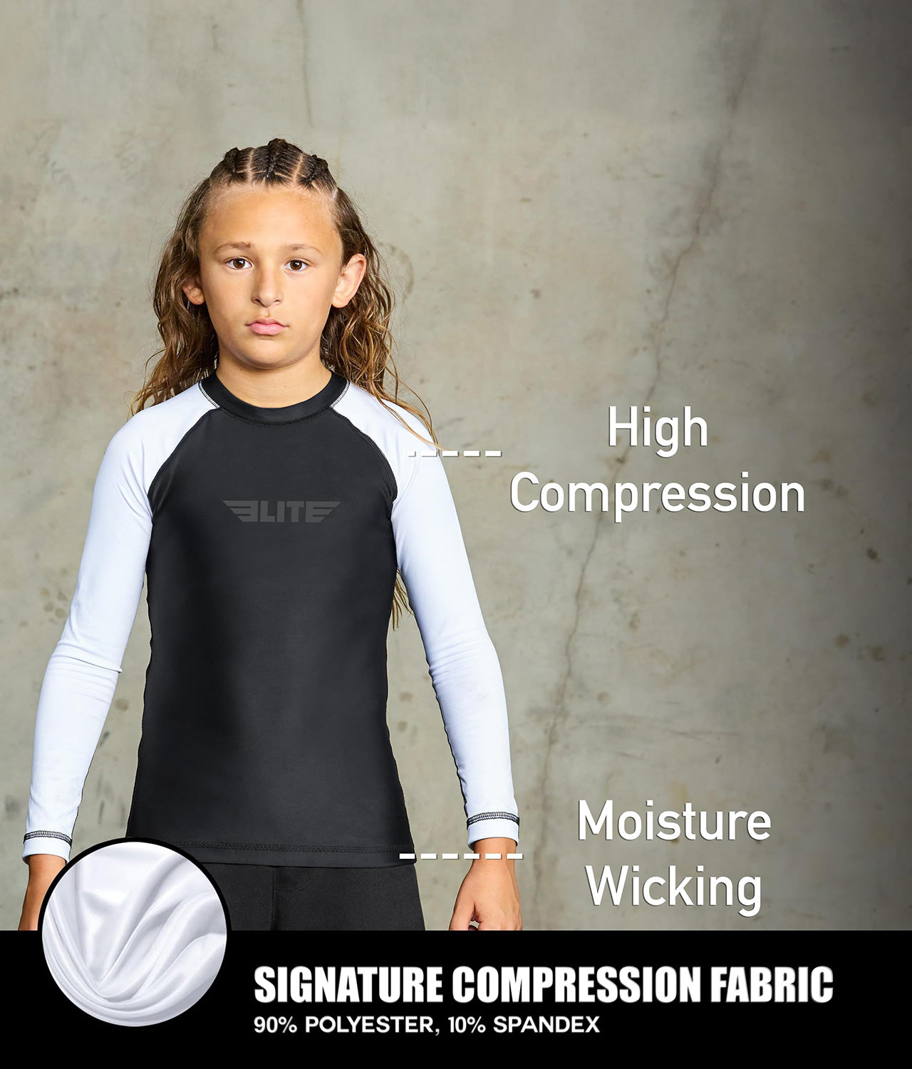 standard white long sleeve youth jiu jitsu rashguard compression fabric