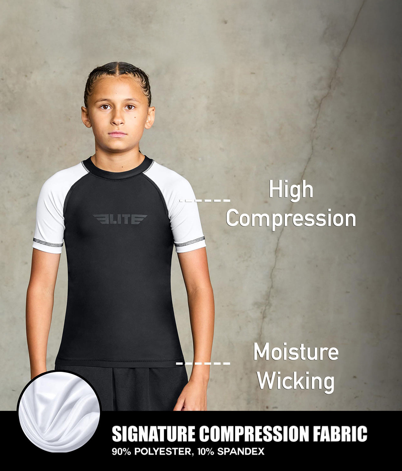 standard white short sleeve youth bjj rash guard compression fabric