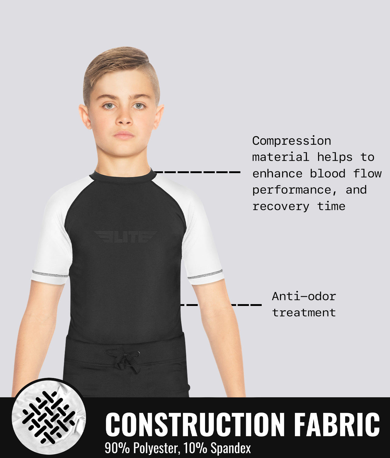 Elite Sports Kids' Standard White Short Sleeve Muay Thai Rash Guard Construction Fabric