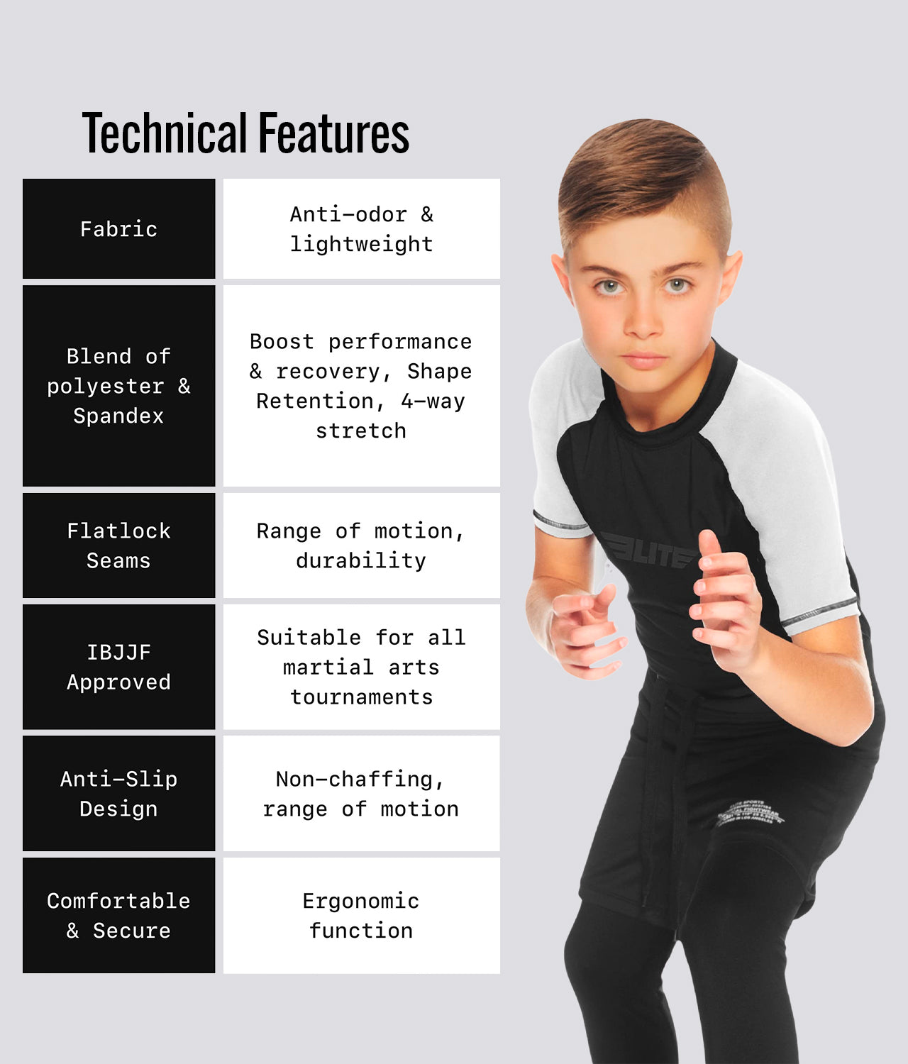 Elite Sports Kids' Standard White Short Sleeve Muay Thai Rash Guard Technical Features