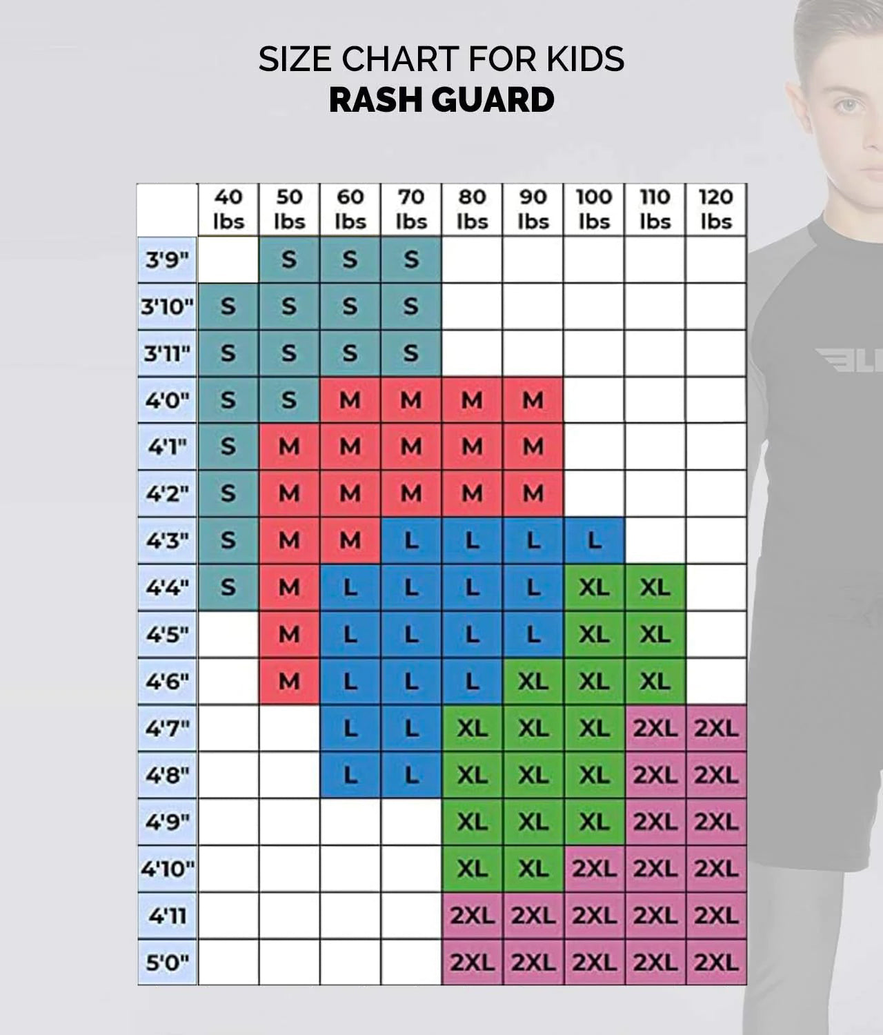 Elite Sports Kids' Standard White Short Sleeve Muay Thai Rash Guard Size Guide