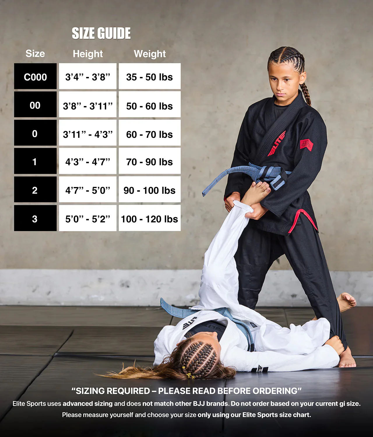 Size Chart for Kids BJJ GI