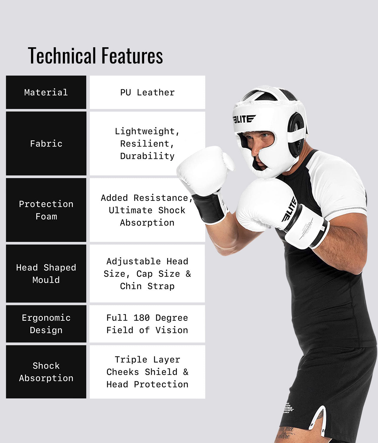 Elite Sports Adults' Essential White MMA Headgear Technical Features