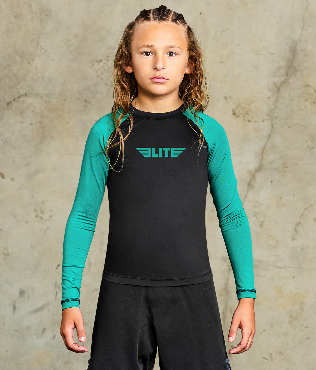 standard green long sleeve no-gi kids jiu jitsu rashguard