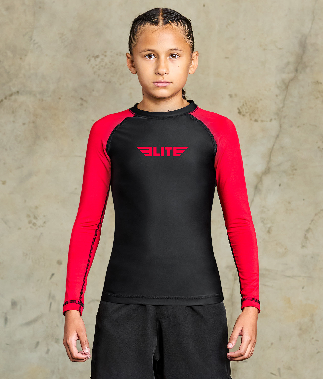 standard red long sleeve no-gi kids jiu jitsu rashguard