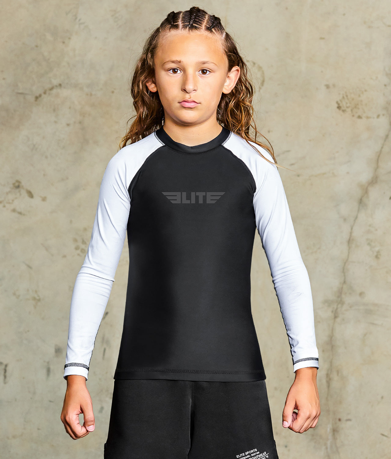 standard white long sleeve no-gi kids jiu jitsu rashguard