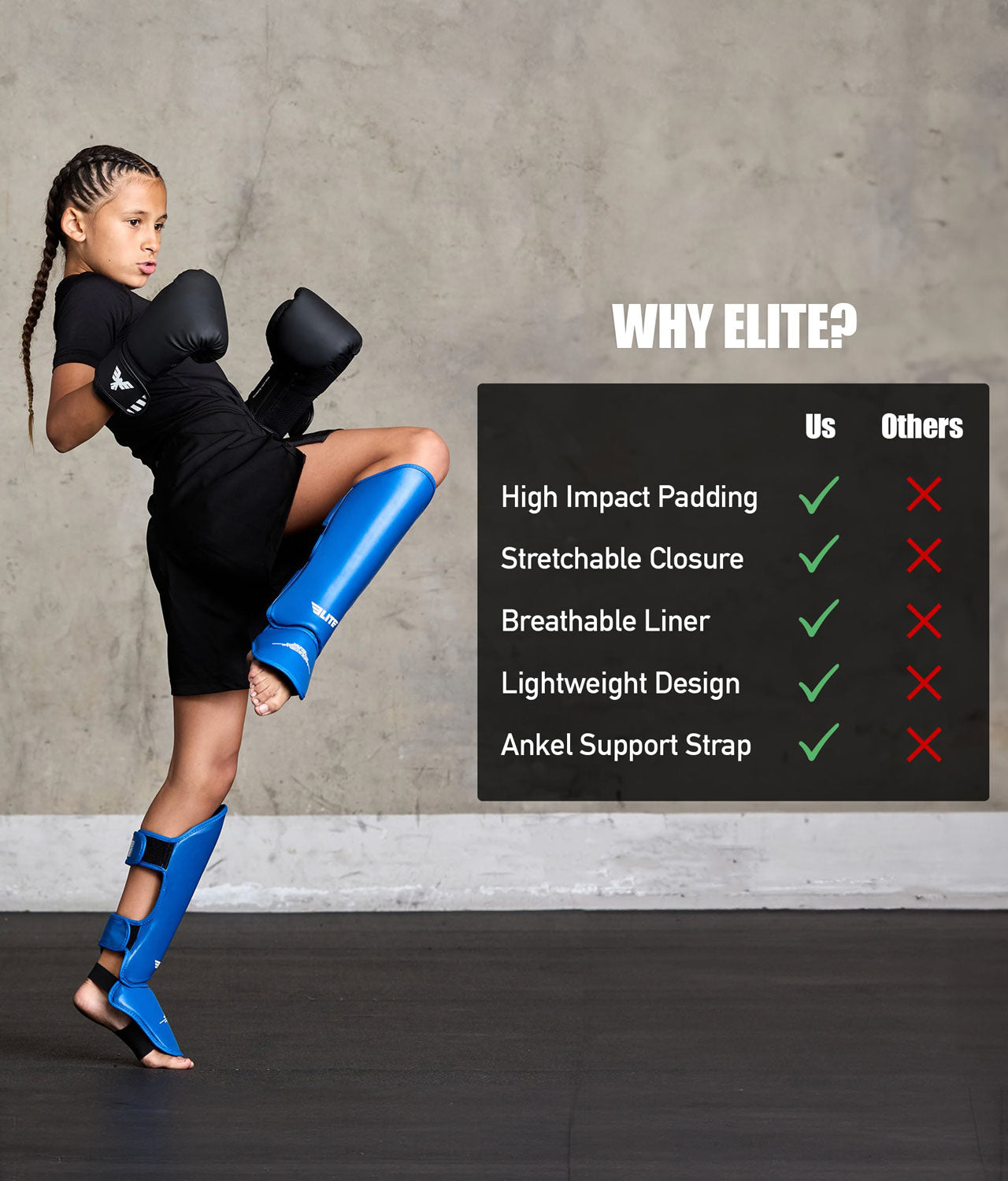 Kids' Plain Blue Muay Thai Shin Guard : 7 to 10 Years