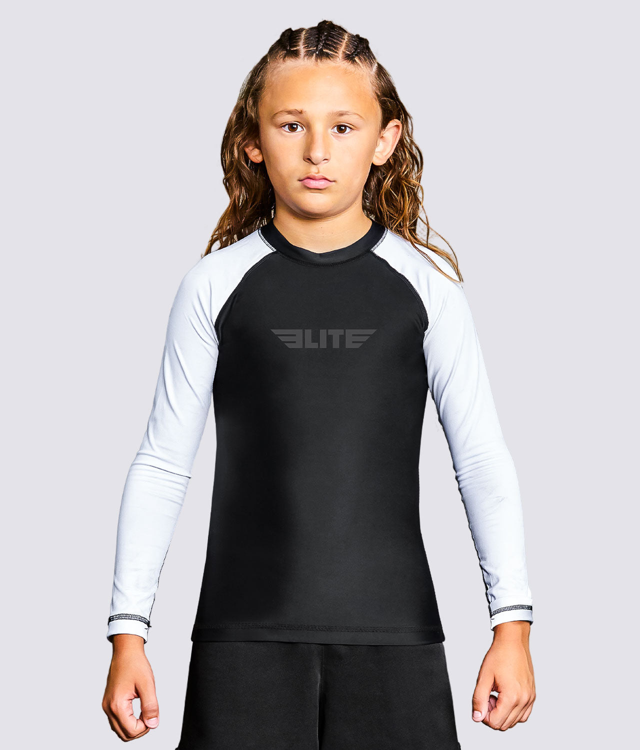 Kids' Standard White Long Sleeve BJJ Rash Guard